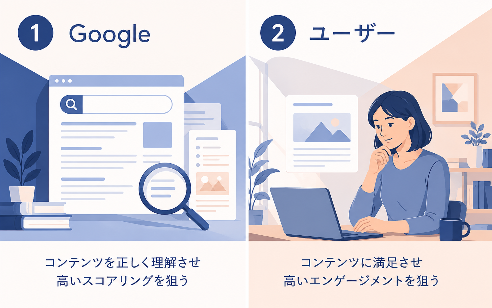1・Google・コンテンツを正しく理解させ・高いスコアリングを狙う・2・ユーザー・コンテンツに満足させ・高いエンゲージメントを狙う