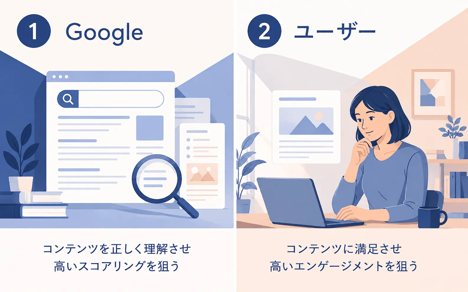 1・Google・コンテンツを正しく理解させ・高いスコアリングを狙う・2・ユーザー・コンテンツに満足させ・高いエンゲージメントを狙う