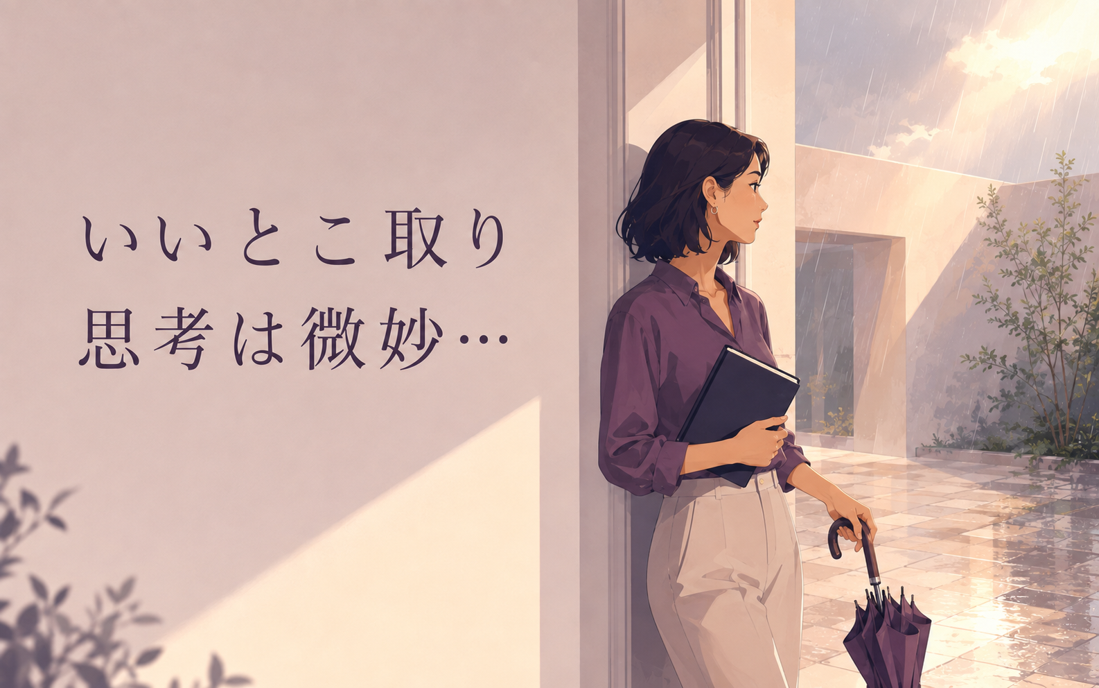 晴れ間と雨の両方に目を向ける女性と「いいとこ取り思考は微妙…」の文字