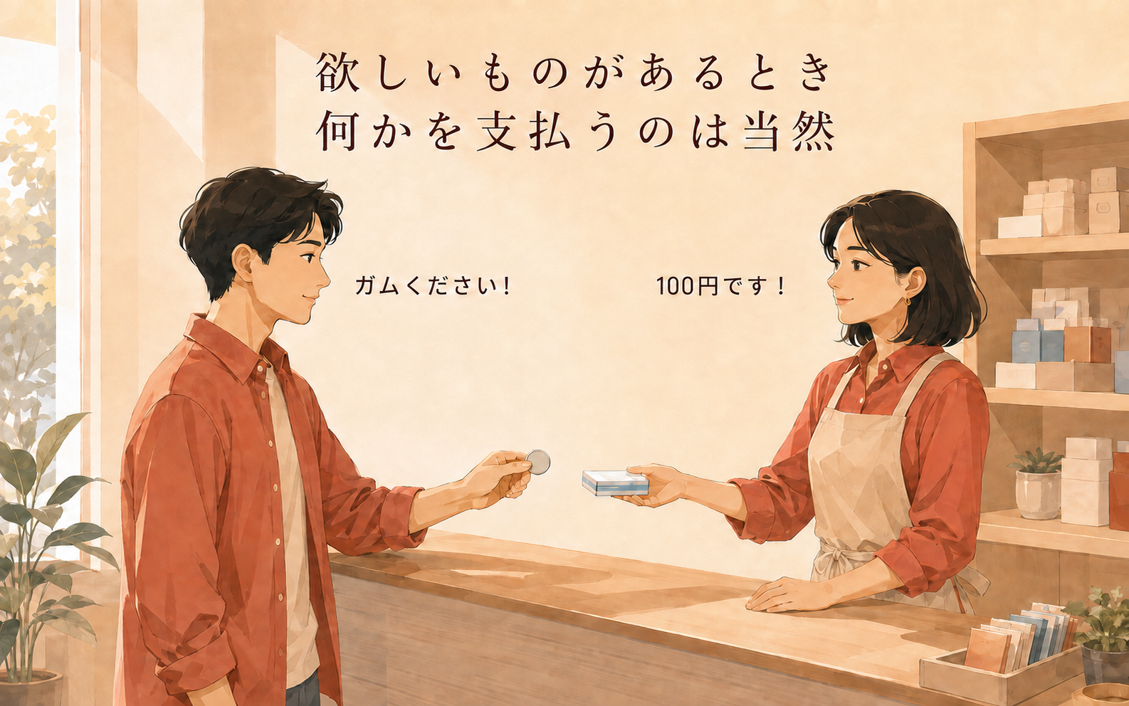 客と店員がガムと100円を交換する場面。欲しいものには対価が必要だと示す