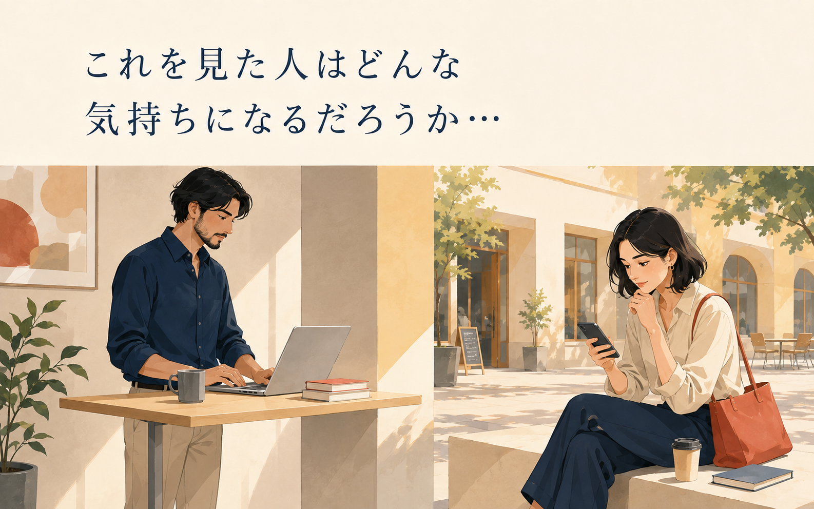 発信する男性とスマートフォンで受け取る女性を描き、見る人の気持ちを考える場面