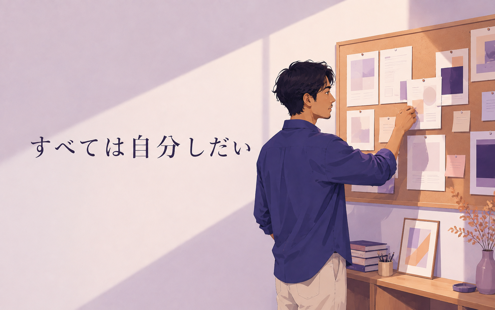 自分の制作物を見直す男性と「すべては自分しだい」の文字。改善できる自分の行動に目を向ける