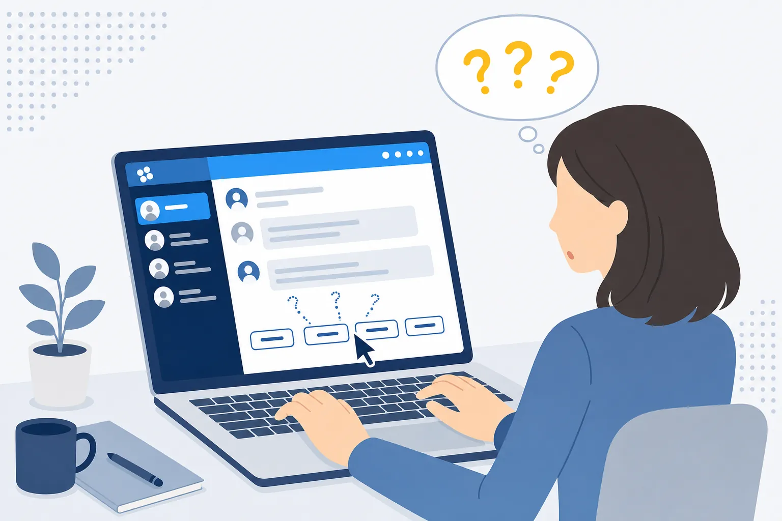 ノートパソコンでChatworkの画面を開いたまま、どこを押せばいいか迷っている女性の手元