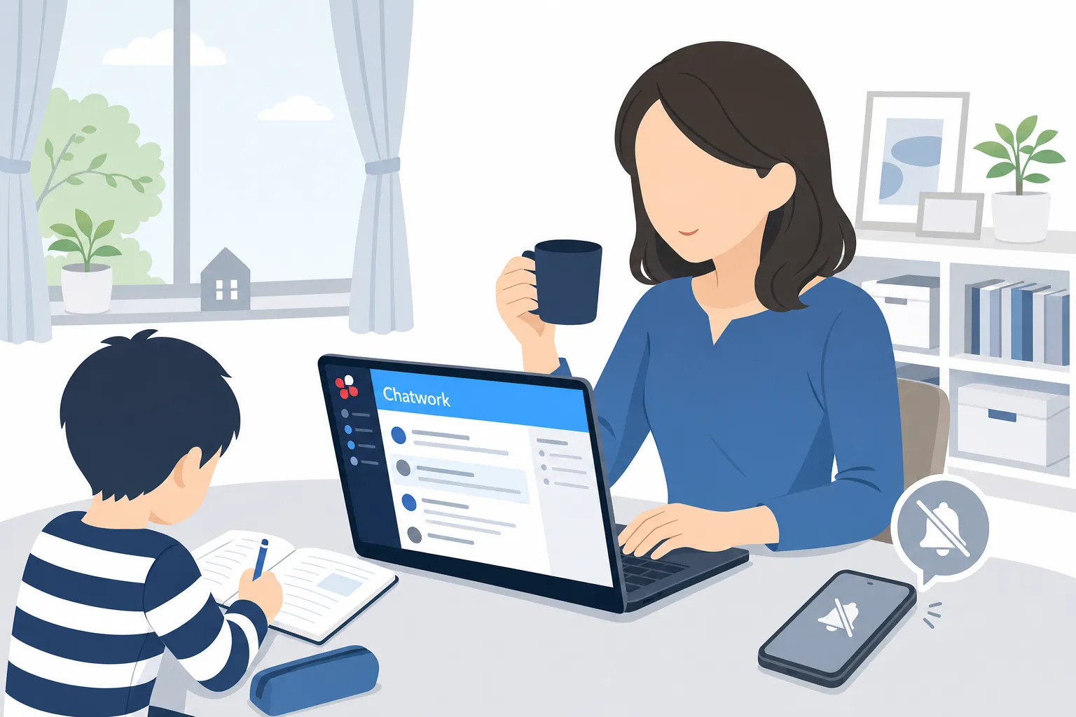 子どもの宿題を見ながら、通知の鳴らないスマホを横に置いて作業する母親