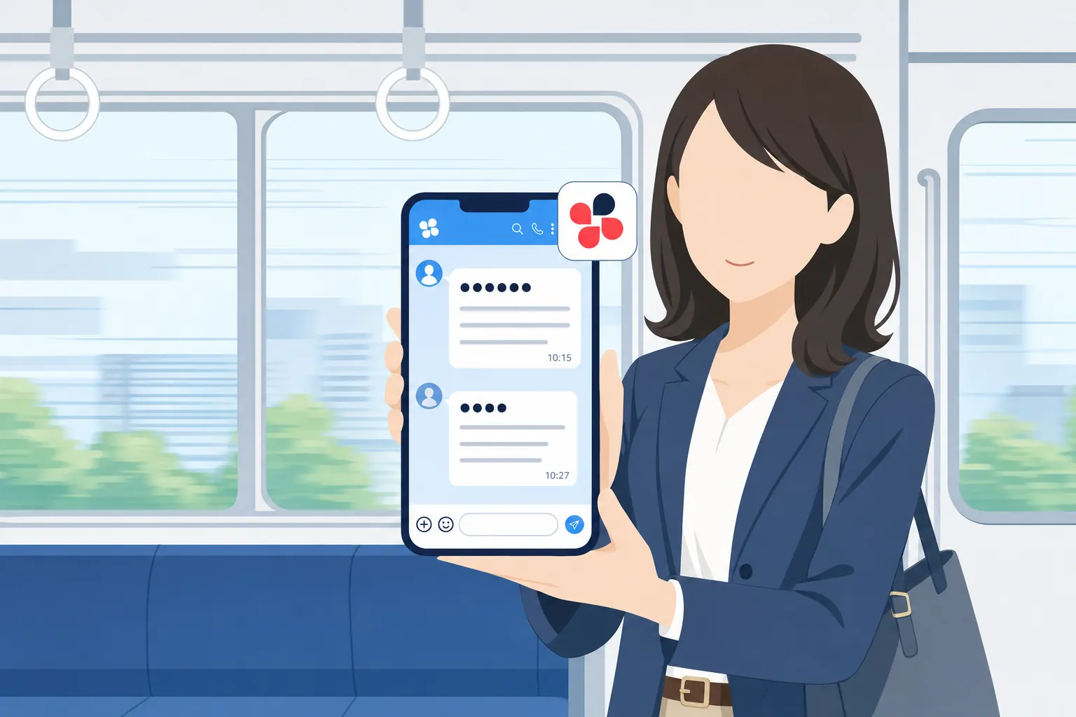 電車の中でスマホアプリからChatworkのメッセージを確認している女性
