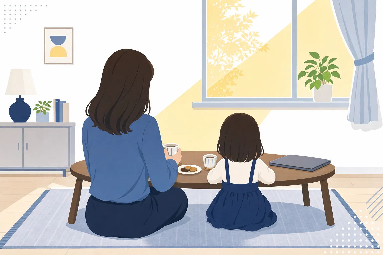 パソコンを閉じて、子どもと一緒におやつの時間を過ごす母親の後ろ姿