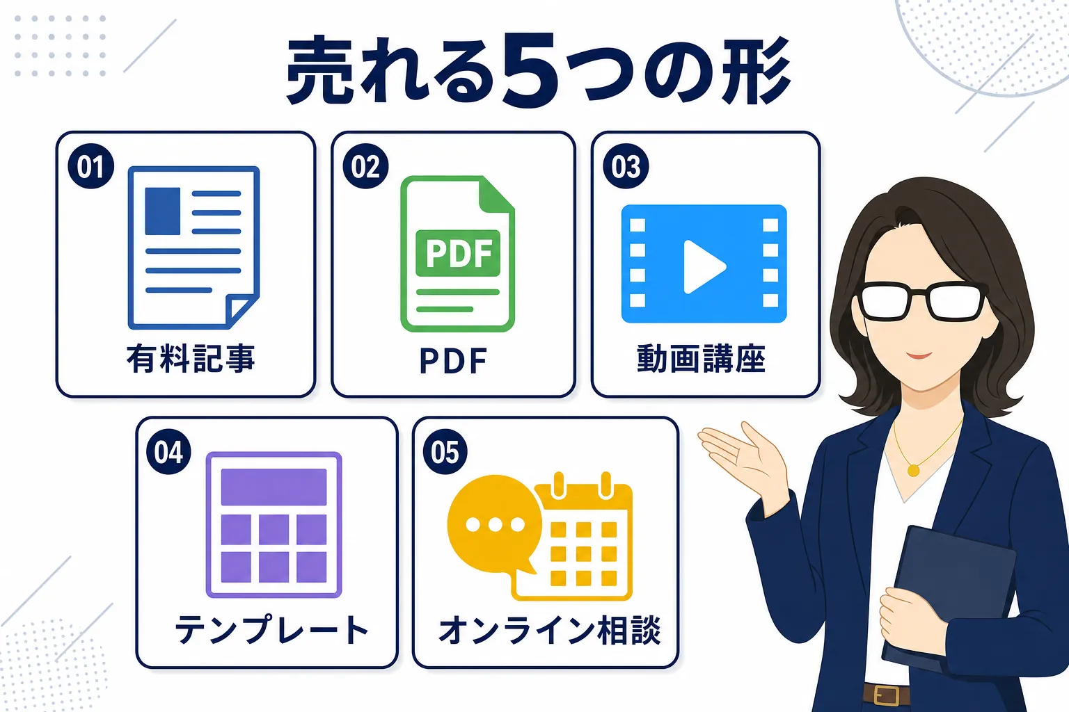 有料記事・PDF・動画講座・テンプレート・オンライン相談のアイコンが並んだ一覧イラスト