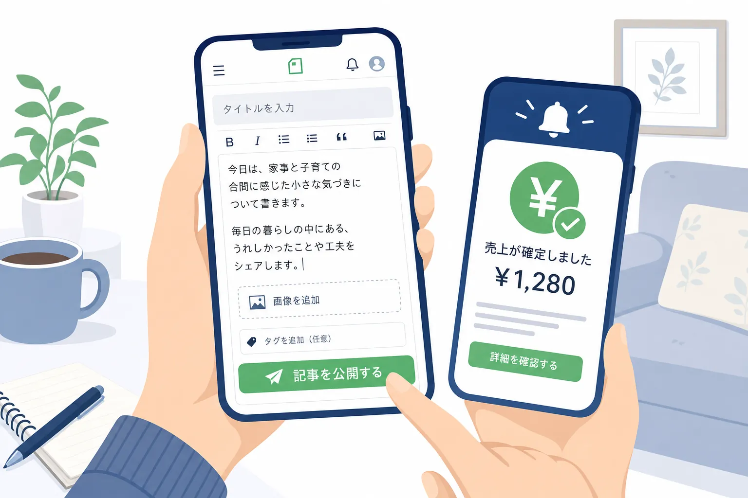スマホ1台でnoteに記事を投稿している主婦の手元と、決済完了の通知画面