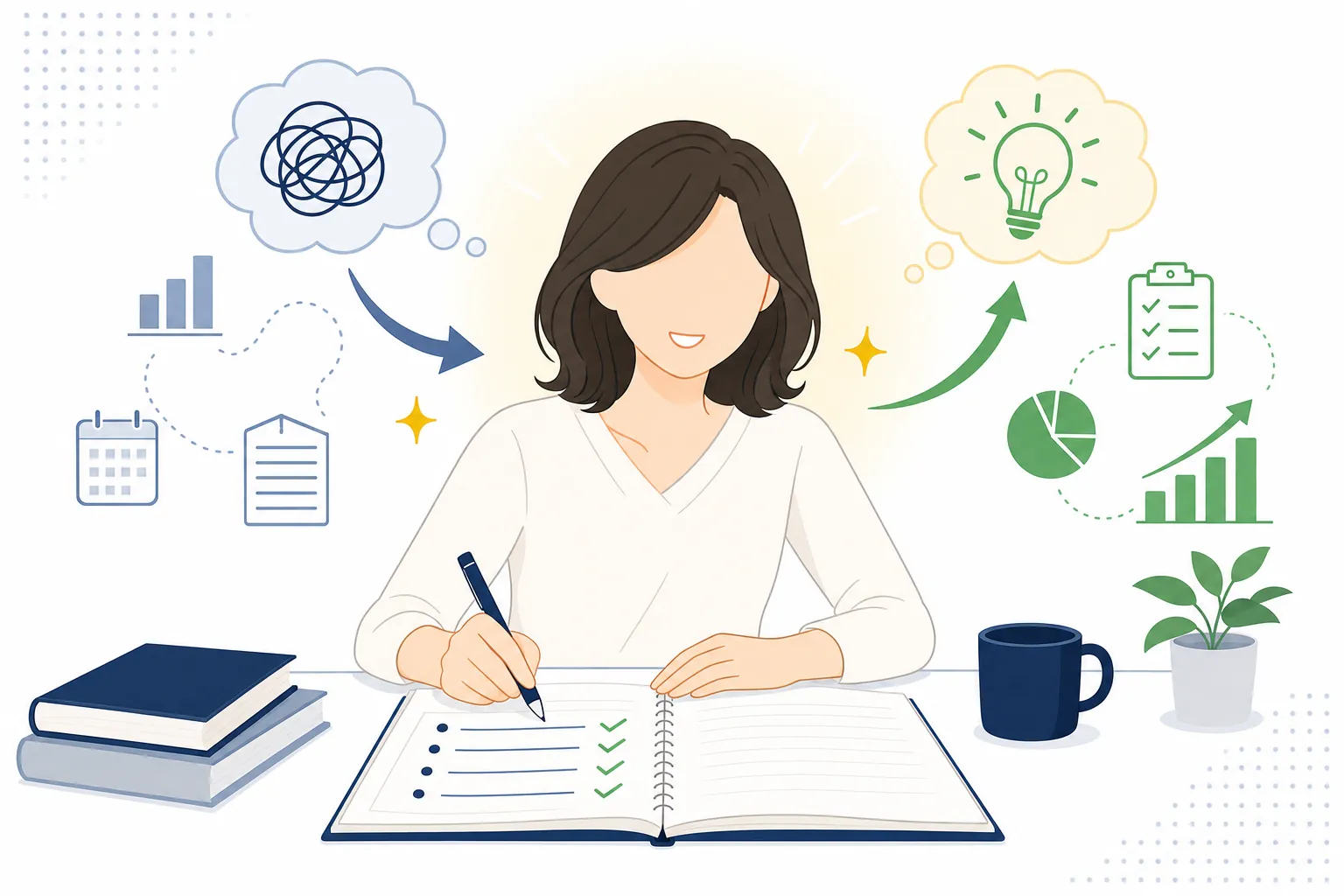 ノートに「私の経験リスト」と書き出しながら、少しずつ表情が明るくなっていく女性
