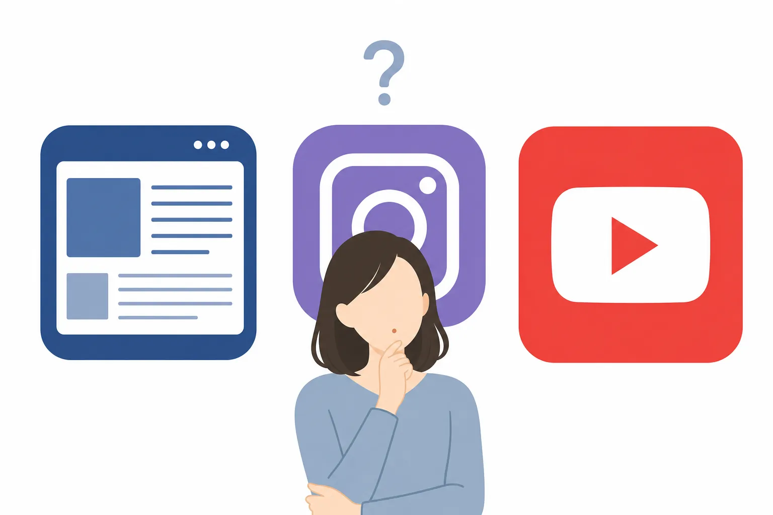 ブログ・Instagram・YouTubeのアイコンの前で、どれを使おうか考える女性