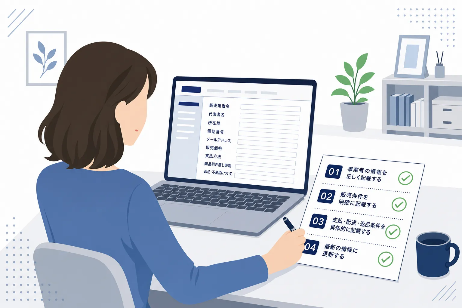 自宅のデスクで特定商取引法の表示ページを作成している女性と、チェックリスト