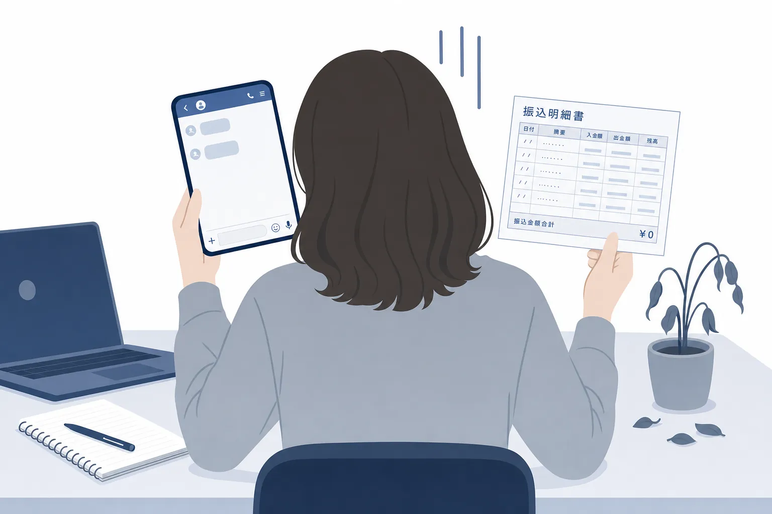 振り込み明細を見つめながら、連絡の返ってこないスマホを手に落ち込む女性の後ろ姿