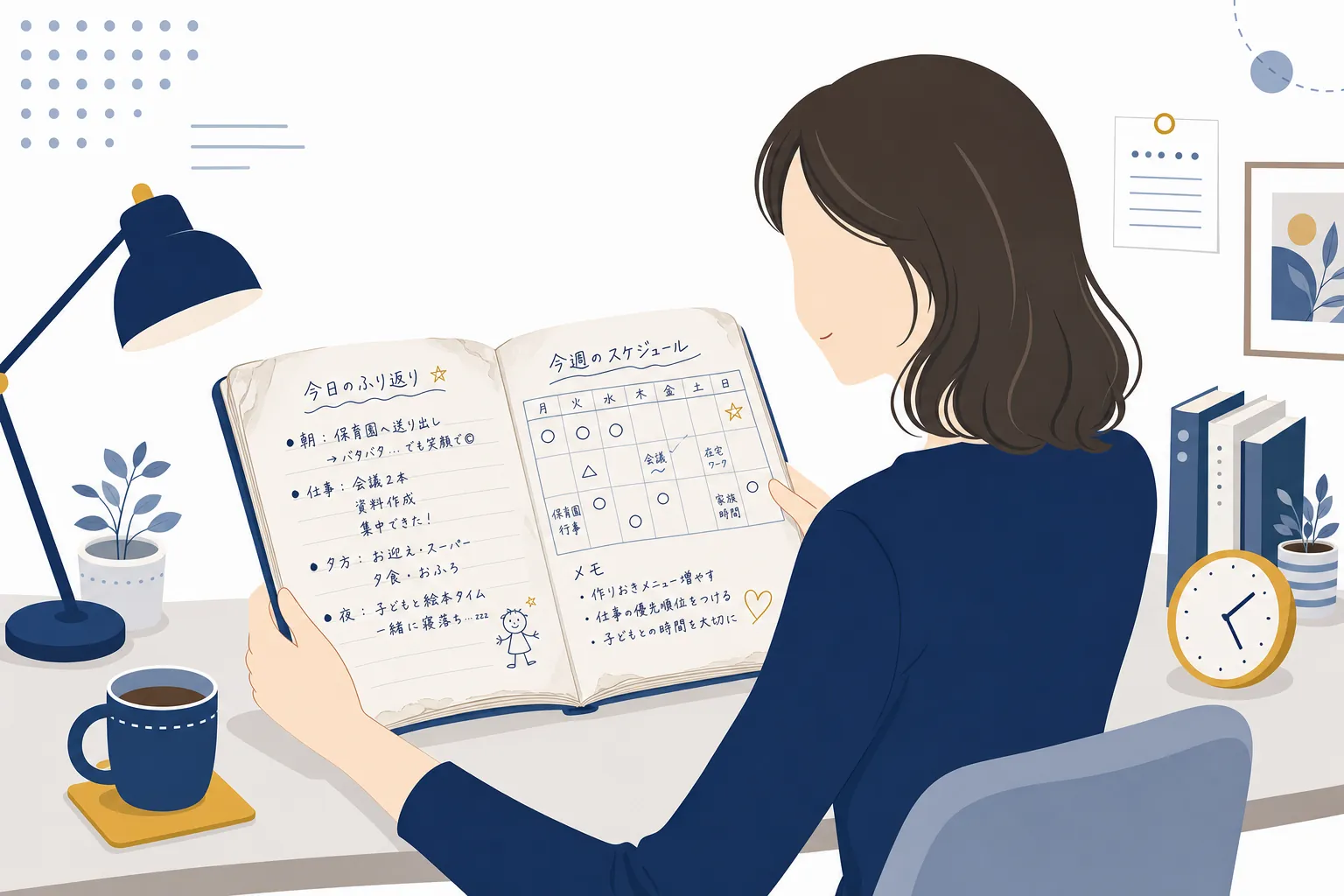 子育てと仕事の両立で試行錯誤した日々のノートを開いて見返す女性