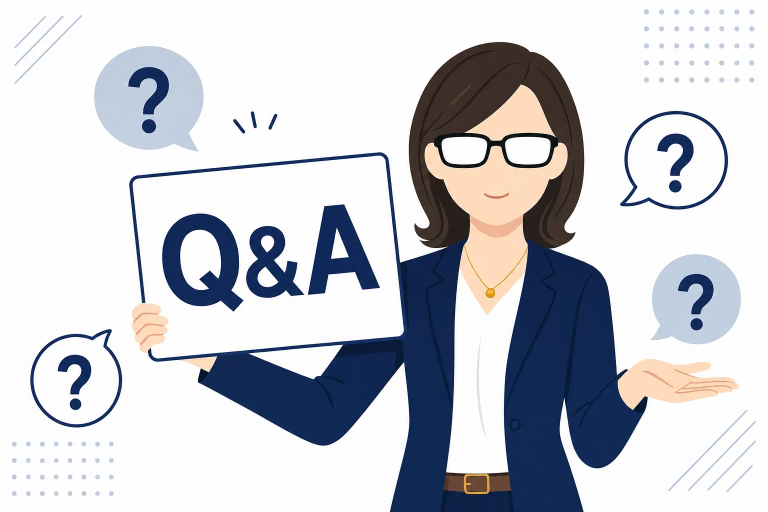 「Q&A」と書かれたカードを手に、読者の質問に答えるイメージのイラスト