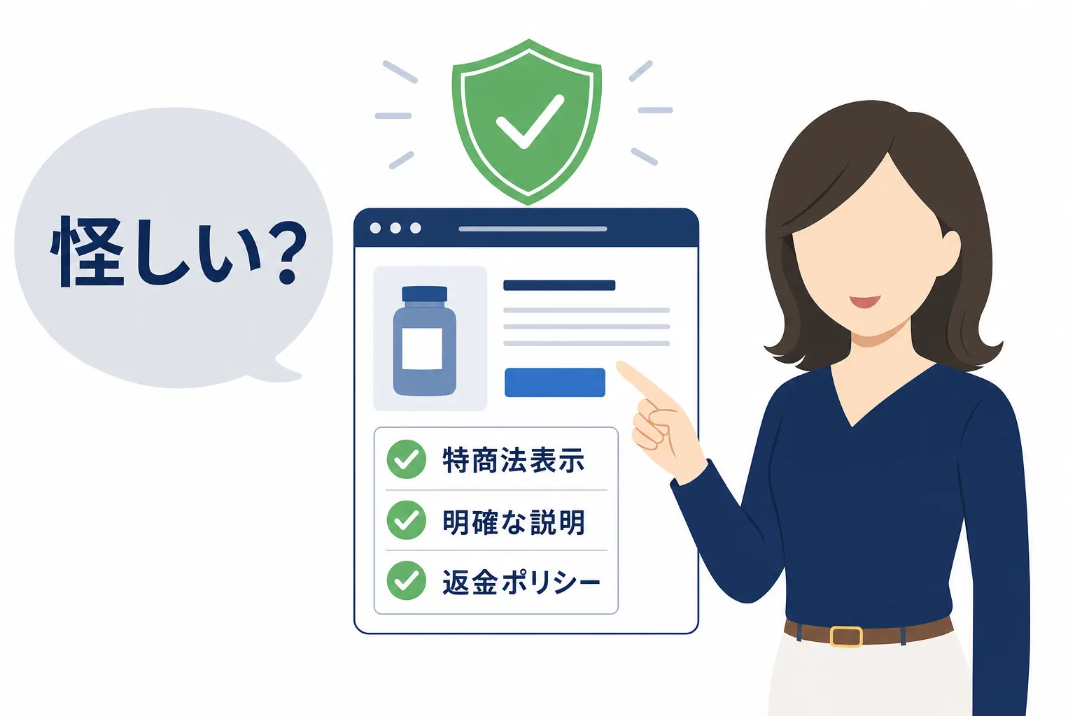 「怪しい?」という吹き出しに対して、ルールを守った商品ページを示す女性