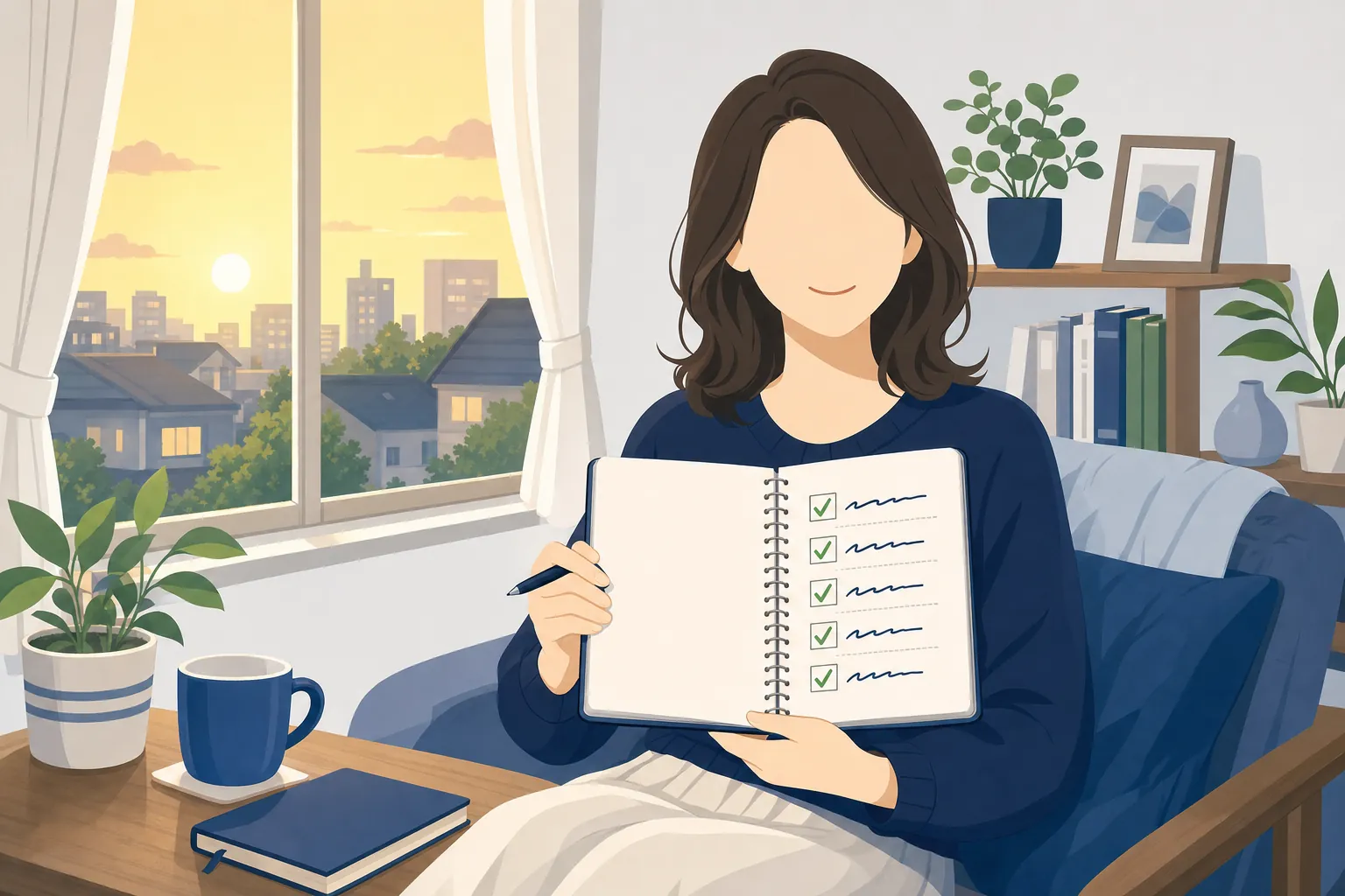 夕方の自宅で、書き出した経験リストを見ながら少し自信のある表情を浮かべる女性
