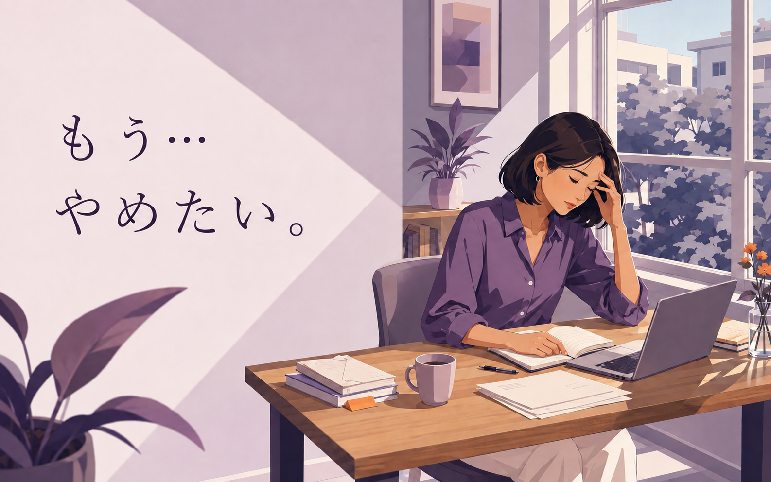 疲れて作業の手を止め、「もう…やめたい。」と感じる女性