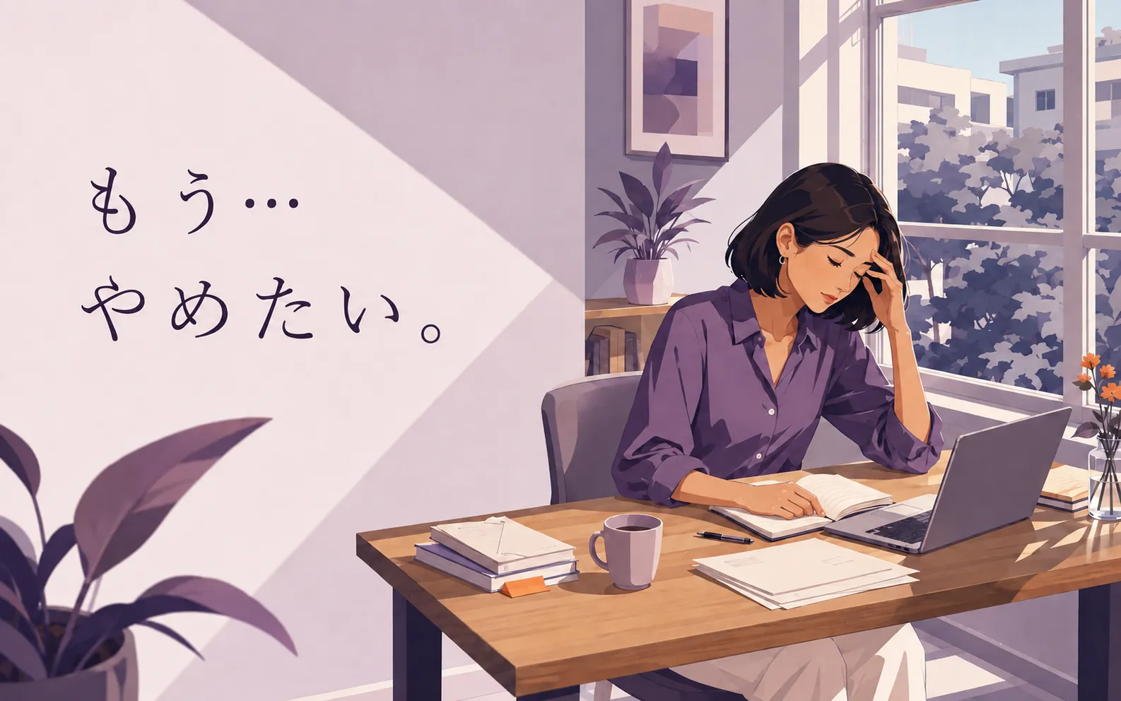 疲れて作業の手を止め、「もう…やめたい。」と感じる女性