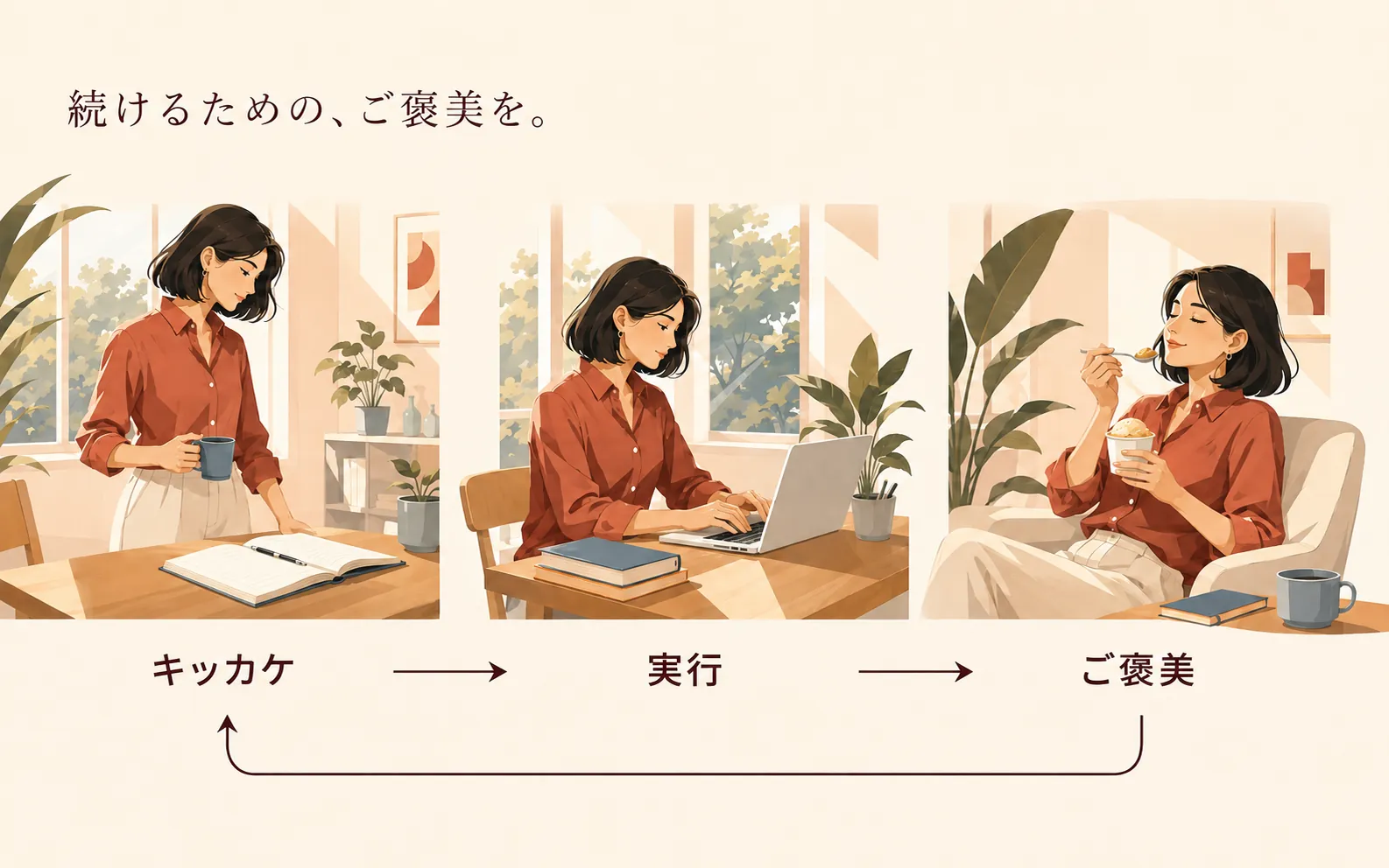 キッカケ・実行・ご褒美の3つの行動が循環する図