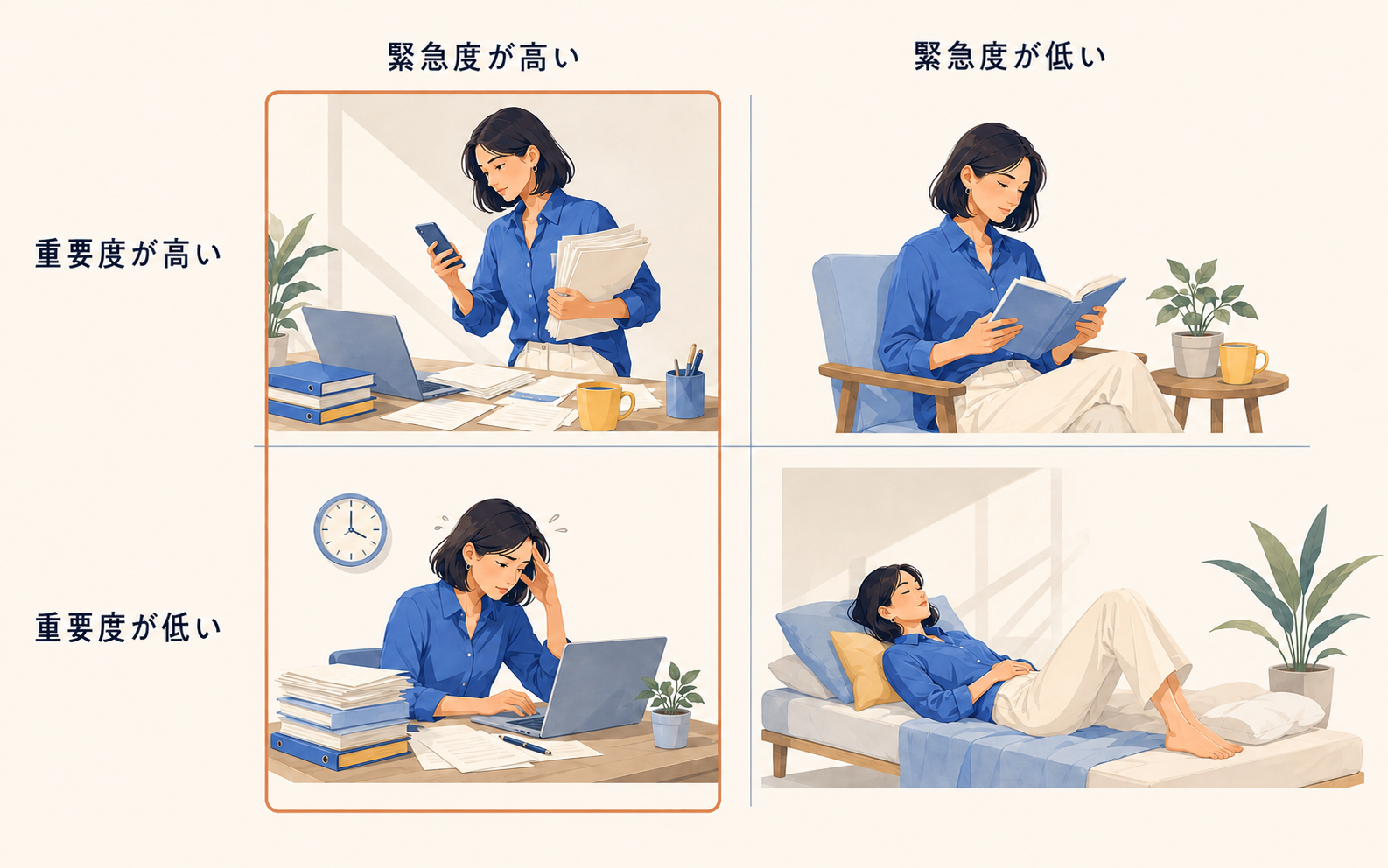 重要度と緊急度の4象限。緊急度が高い左列全体を強調