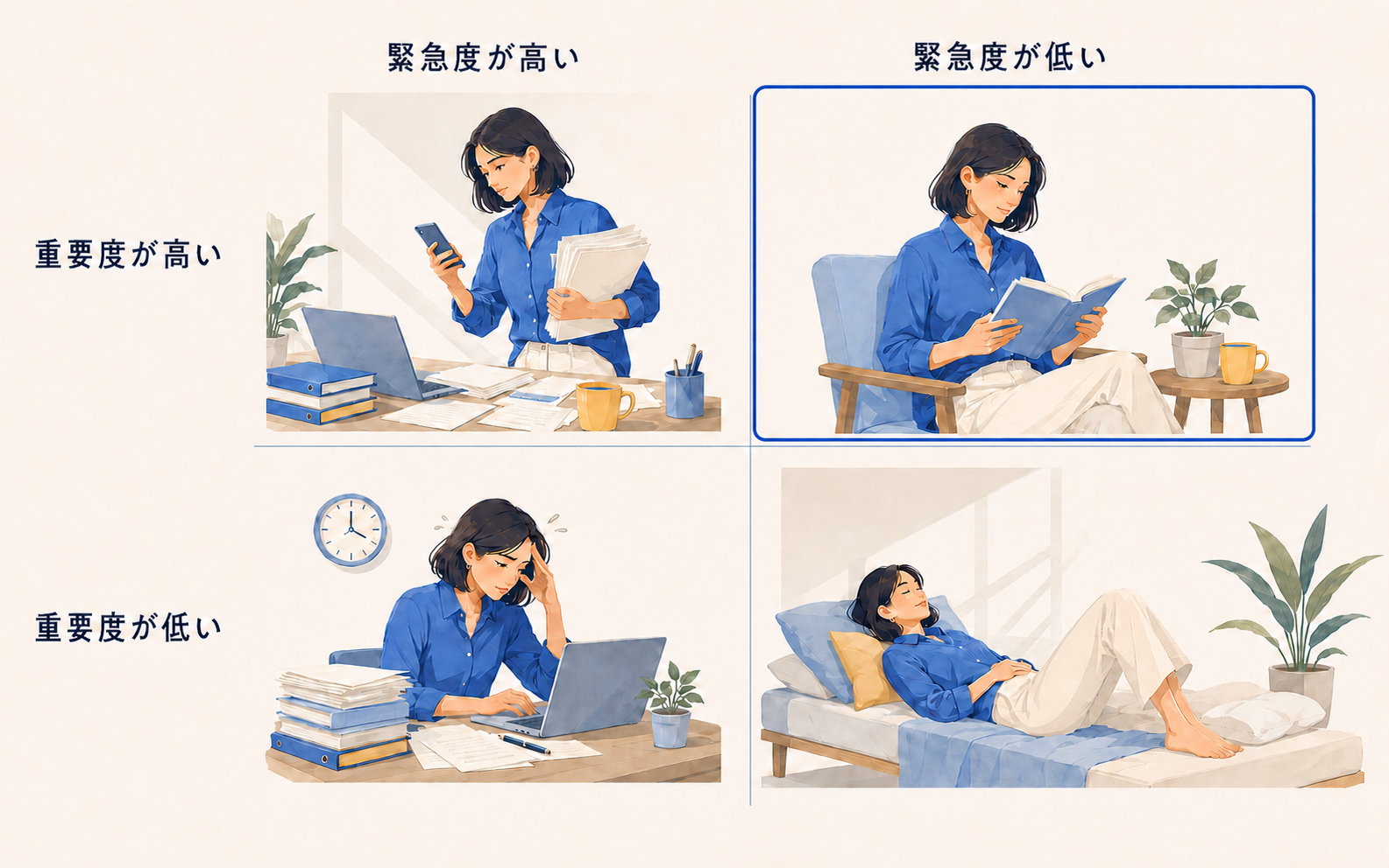 重要度と緊急度の4象限。重要度が高く緊急度が低い右上を強調