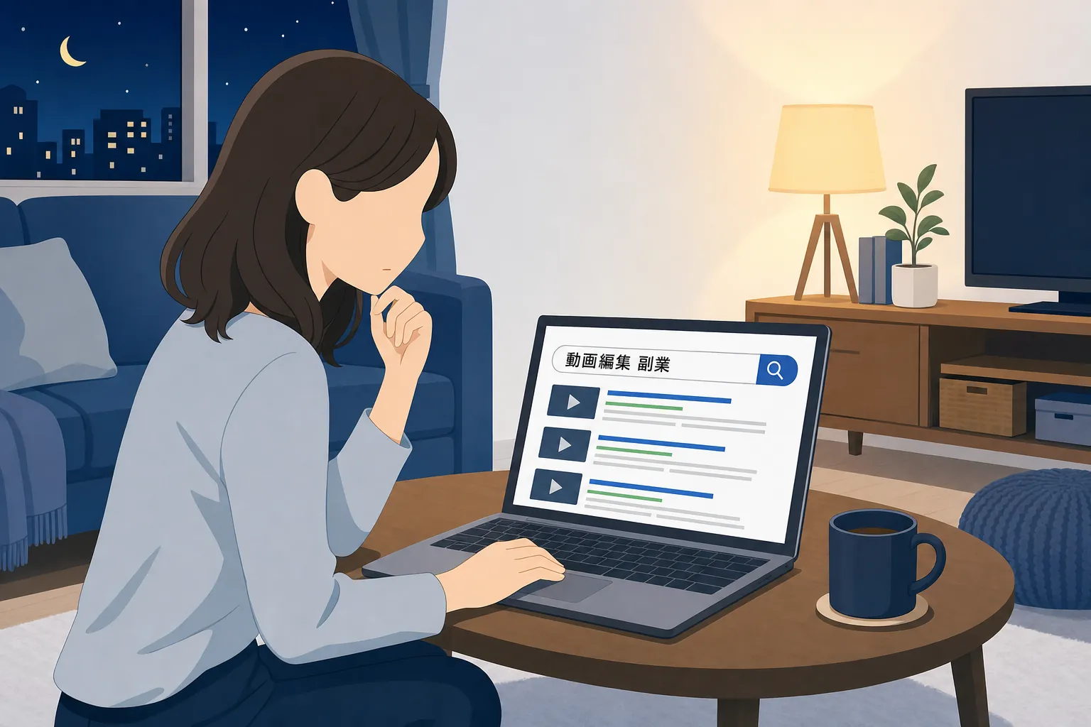 夜のリビングでノートパソコンを開き「動画編集 副業」と検索しながら考え込む女性の手元