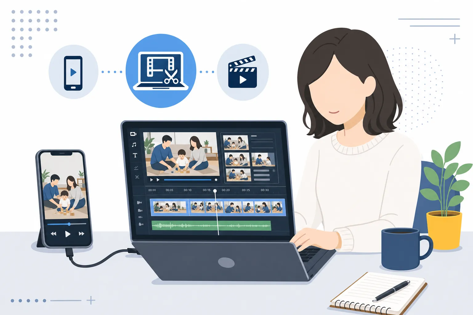スマホで撮った家族の日常動画を、パソコンで編集して見本動画にしている様子