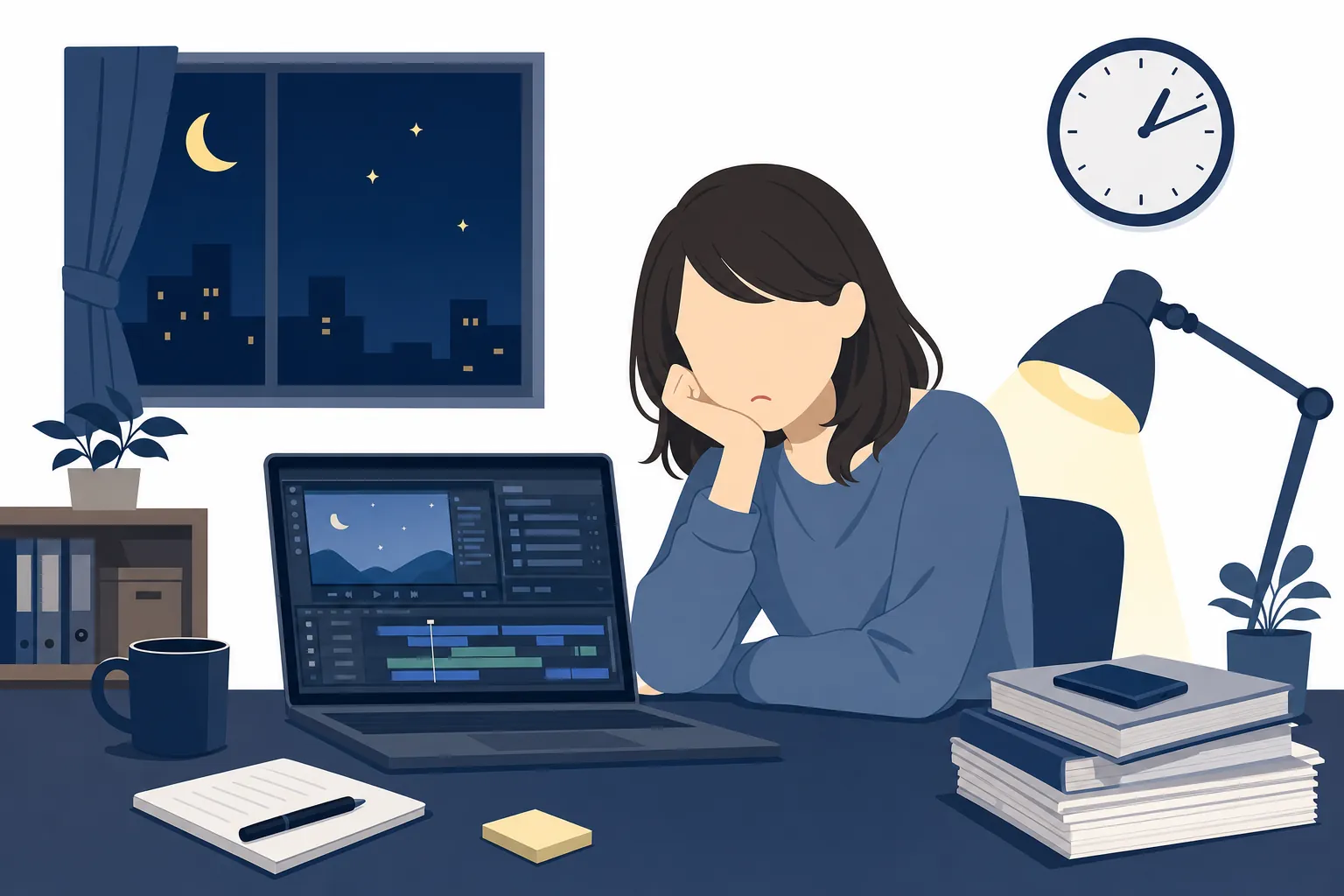 夜遅くまでパソコンに向かって疲れた様子の女性と、時計の針