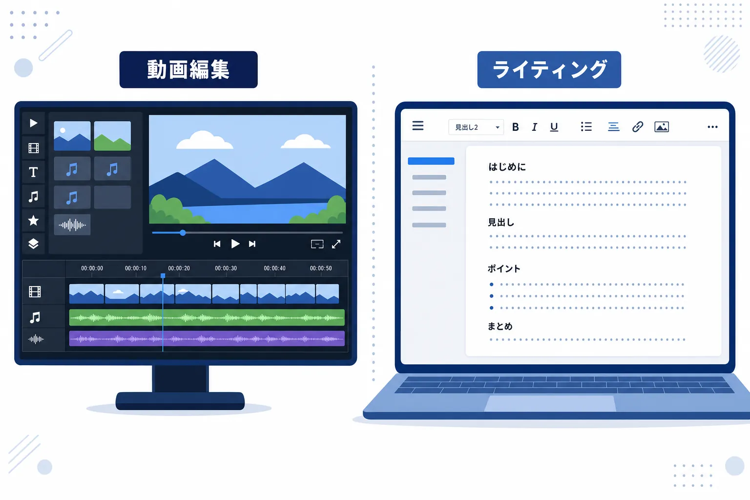 動画編集の画面と文章作成の画面を左右に並べた比較イラスト