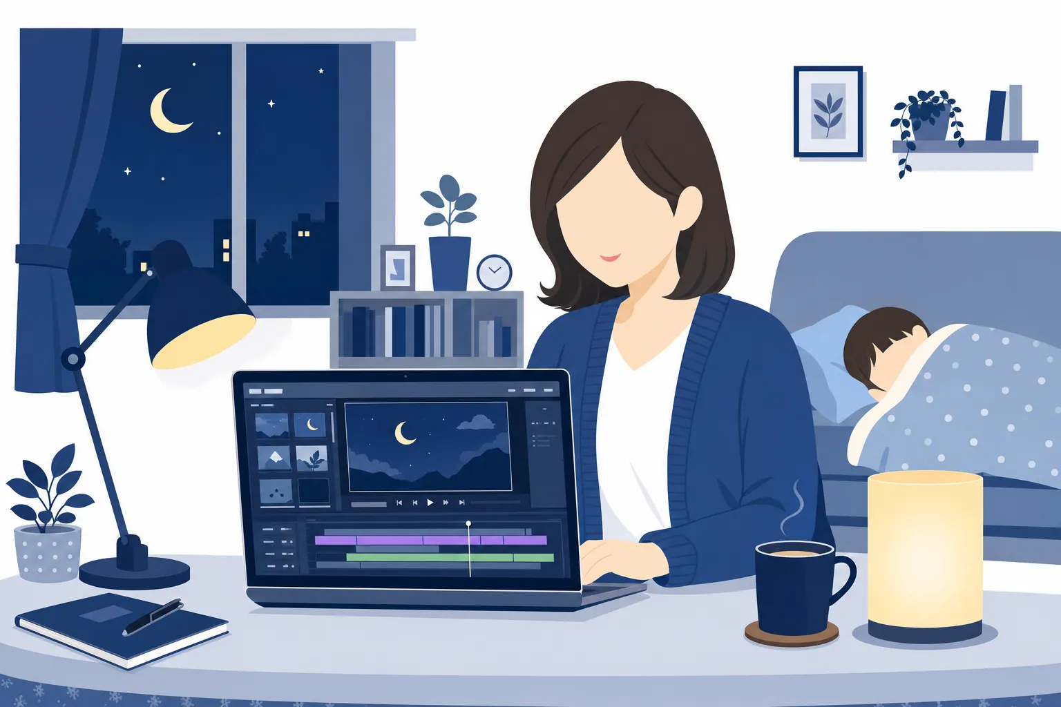 子どもが寝たあとの静かな時間にパソコンで作業する母親