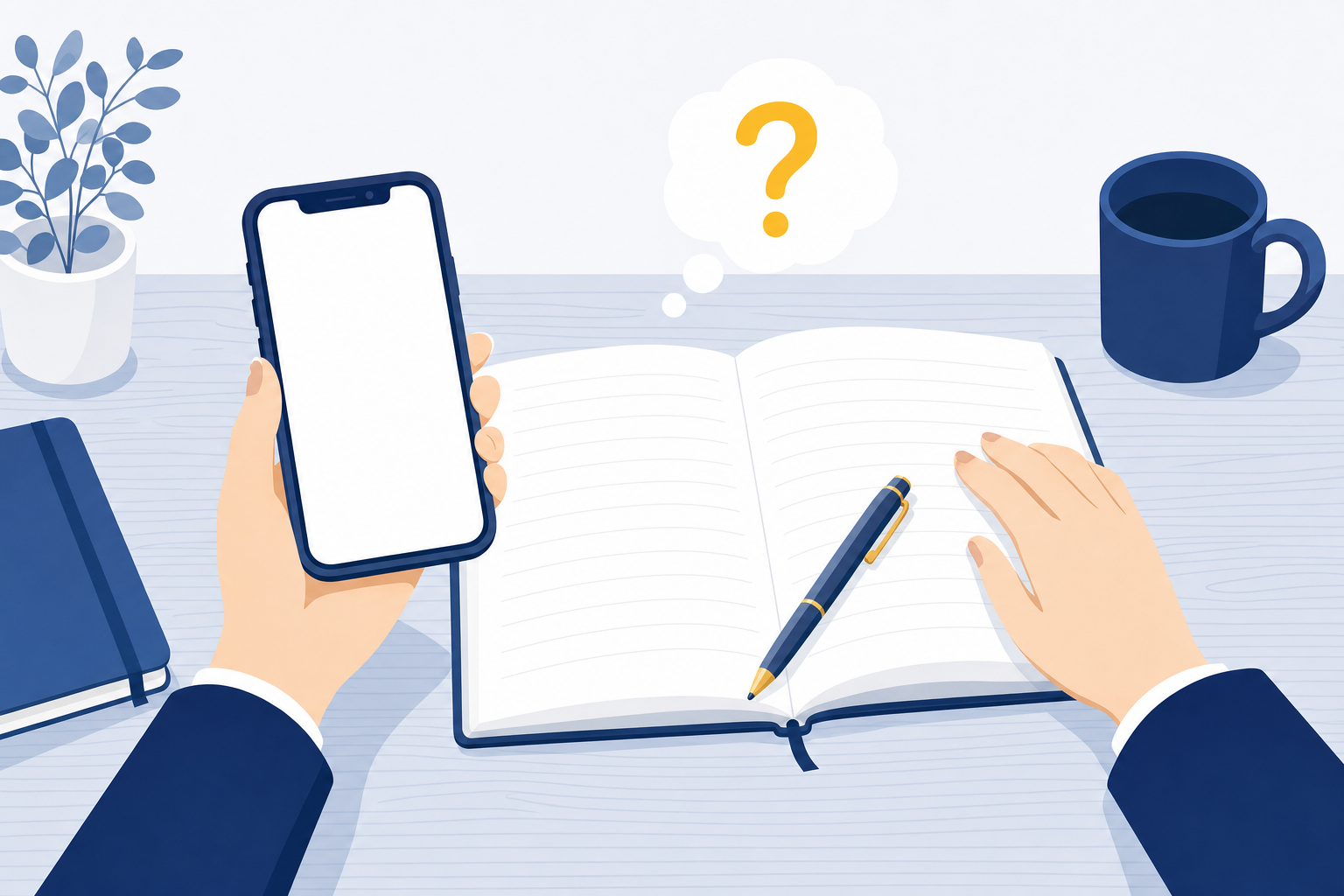 デスクの上にスマホと手帳を広げ「副業?フリーランス?」と考え込む女性の手元