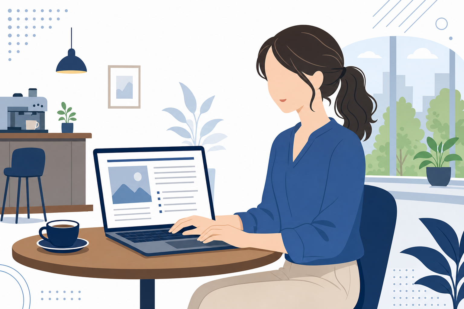 カフェでPCを開いて自由に仕事をするフリーランスの女性のイメージ