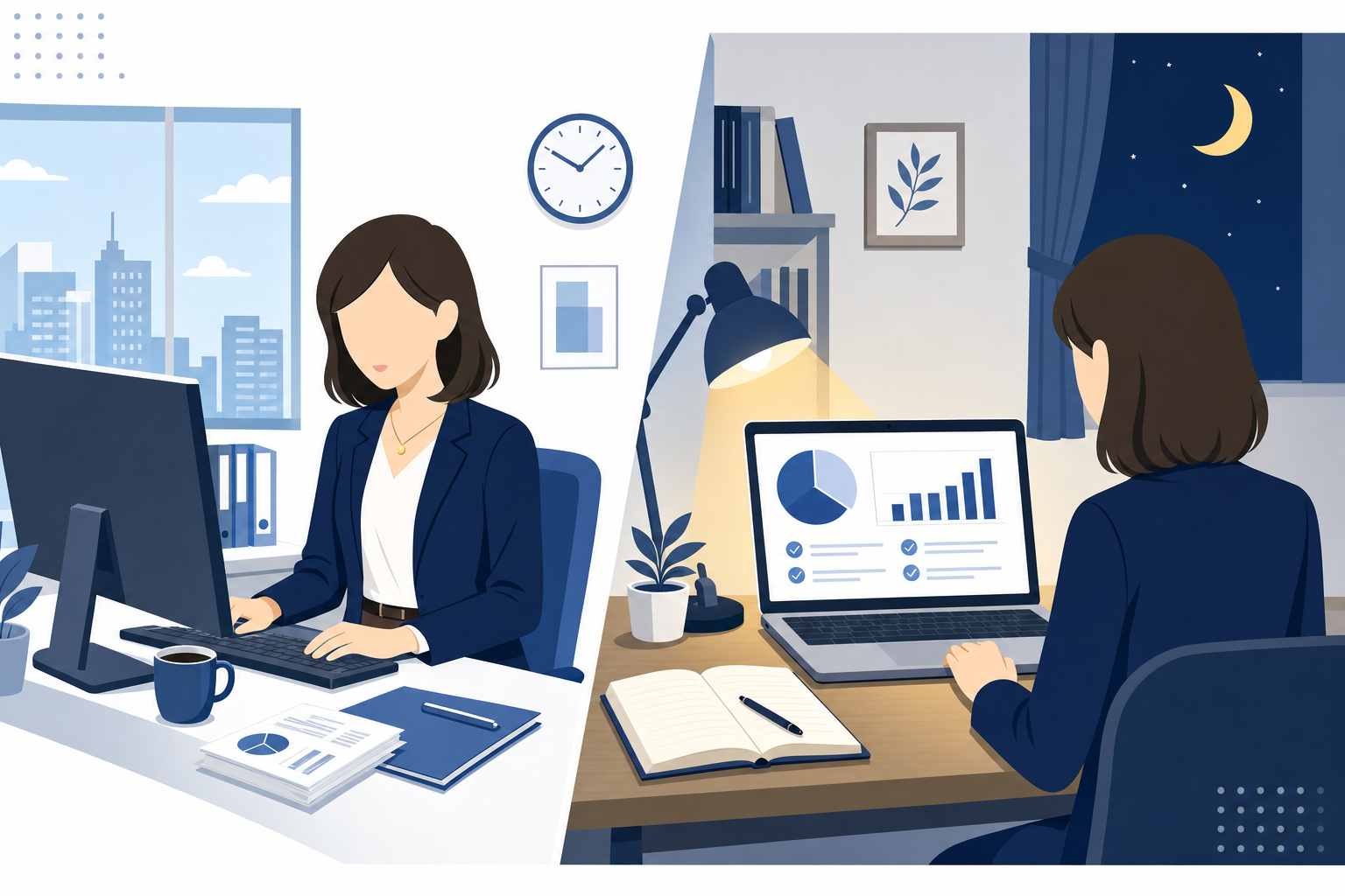 会社員として働きながら夜・週末に個人仕事を受けているイメージ(デュアルライフ的な絵)