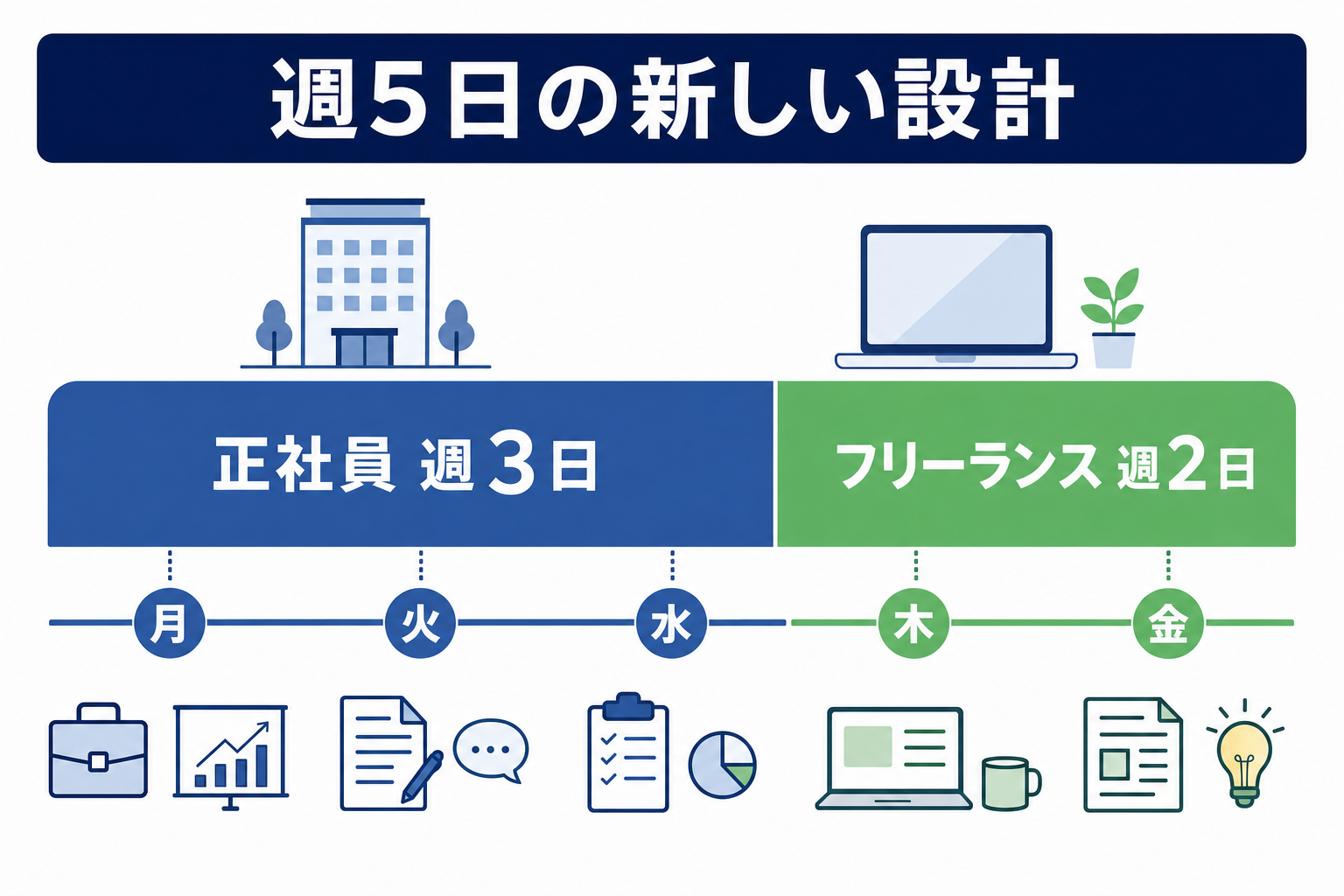 週3正社員+週2フリーランスという時間配分のタイムライン図