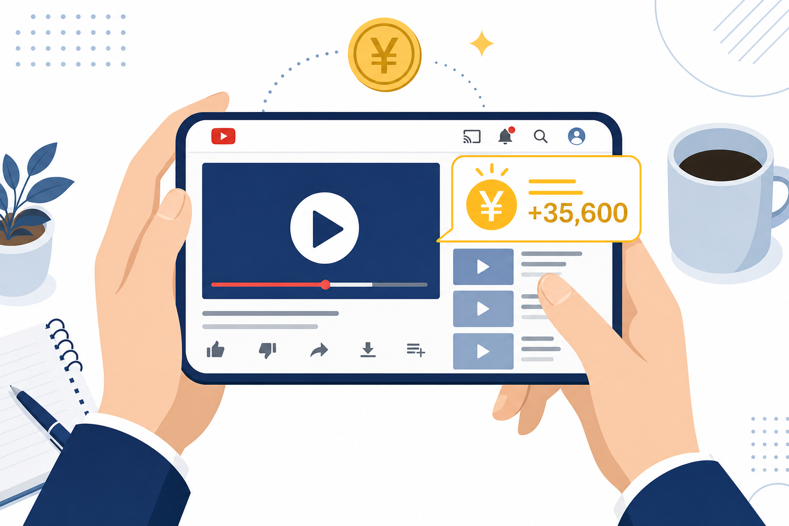 スマホでYouTubeを開いている手元と、収益化通知のイメージ