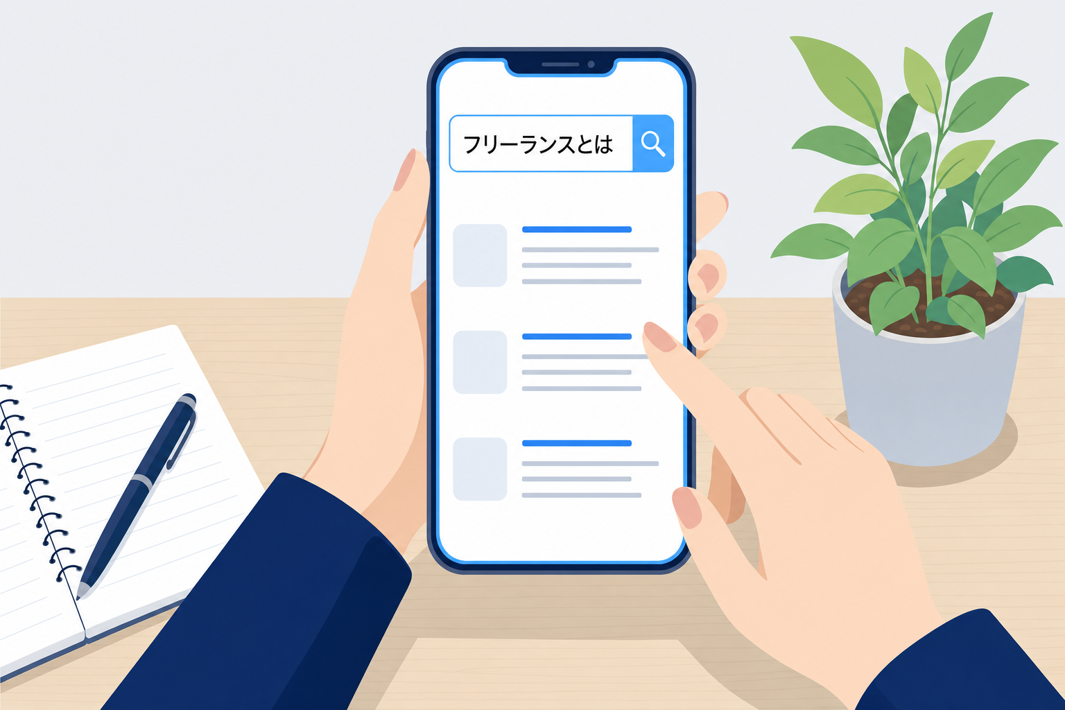 スマートフォンで「フリーランスとは」と検索している手元のクローズアップ