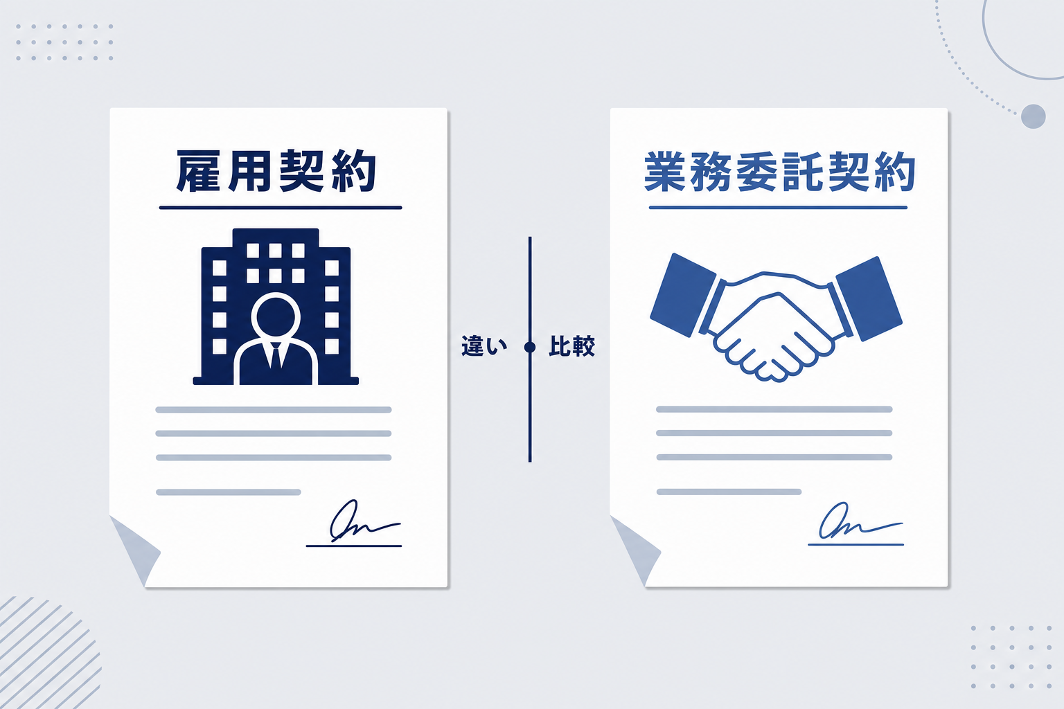 2種類の契約書を並べたイメージ。「雇用契約」と「業務委託契約」