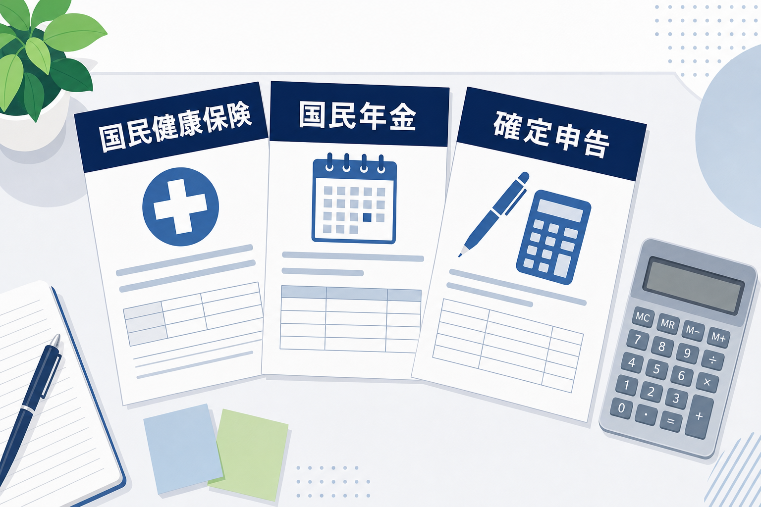 社会保険・税金の書類が並んでいるイメージ。年金手帳や確定申告書