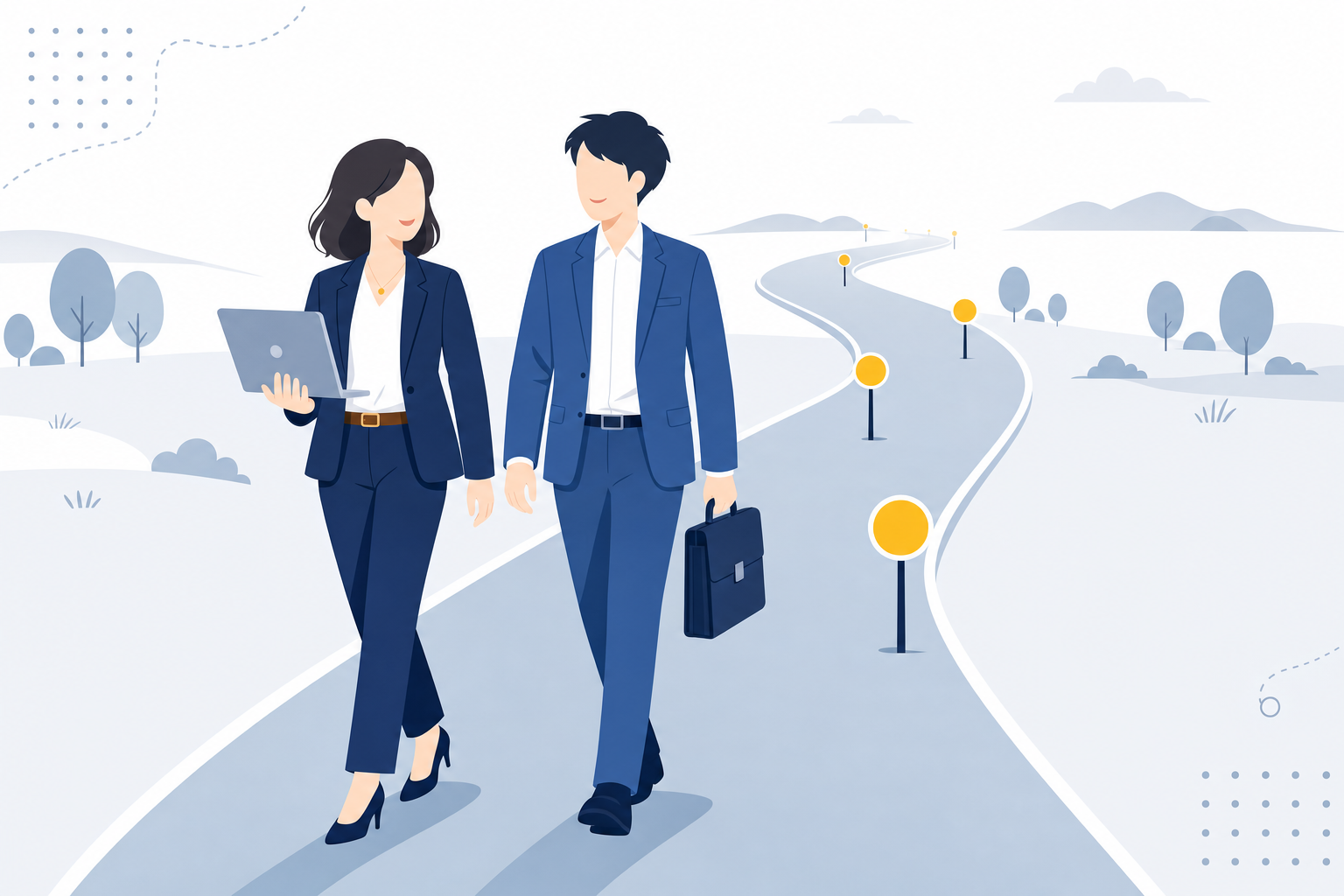 継続的な関係を示すイメージ。長い道のりを並んで歩いている2人