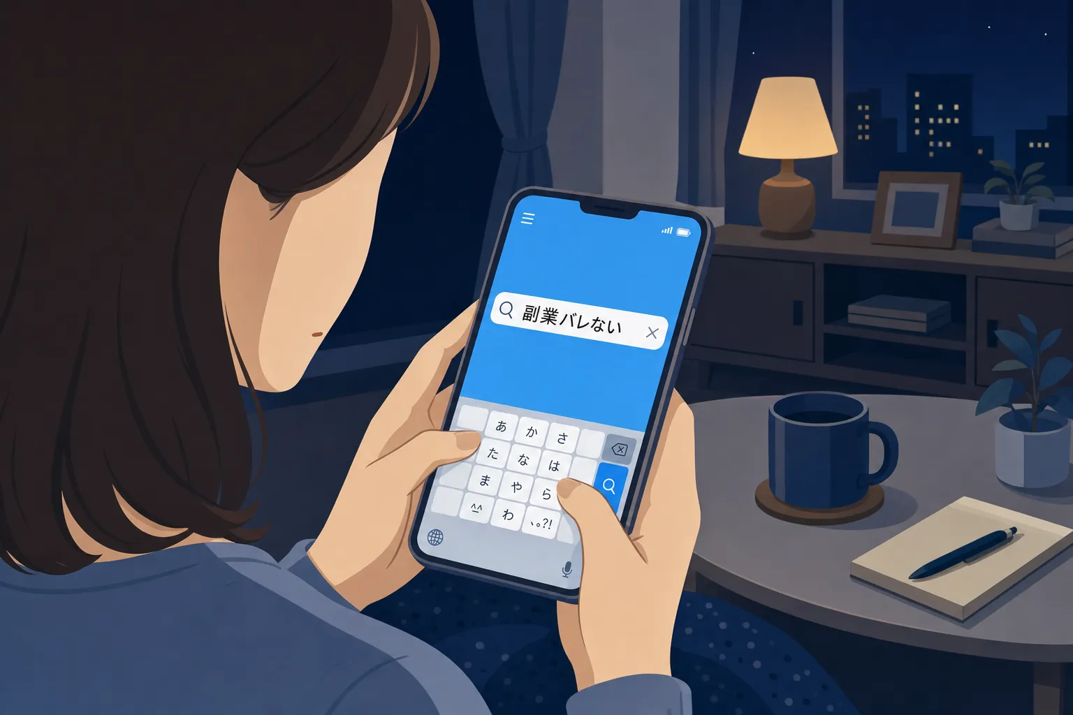夜のリビングでスマホに「副業 バレない」と打ち込み、不安そうに画面を見つめる女性の手元