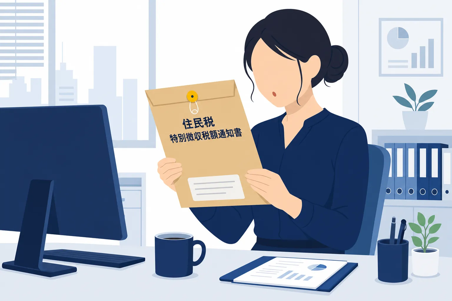 会社のデスクに届いた住民税の通知書と、それを見る経理担当者のイラスト
