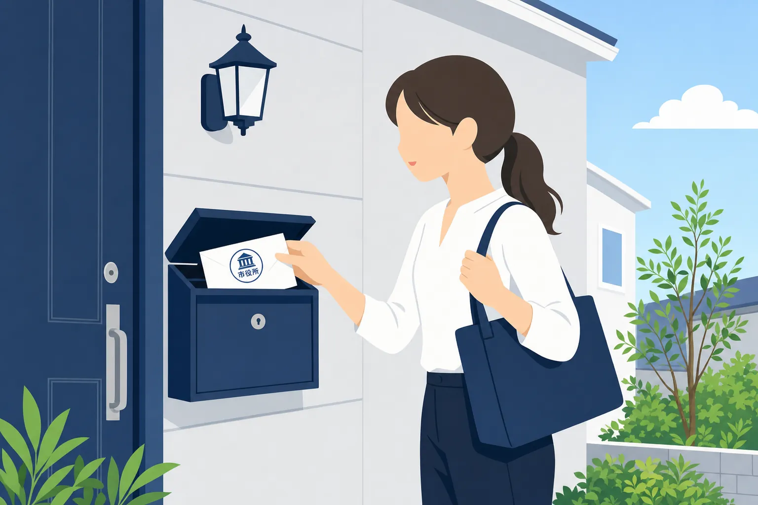自宅の郵便受けに届いた住民税の納付書を手に取る女性