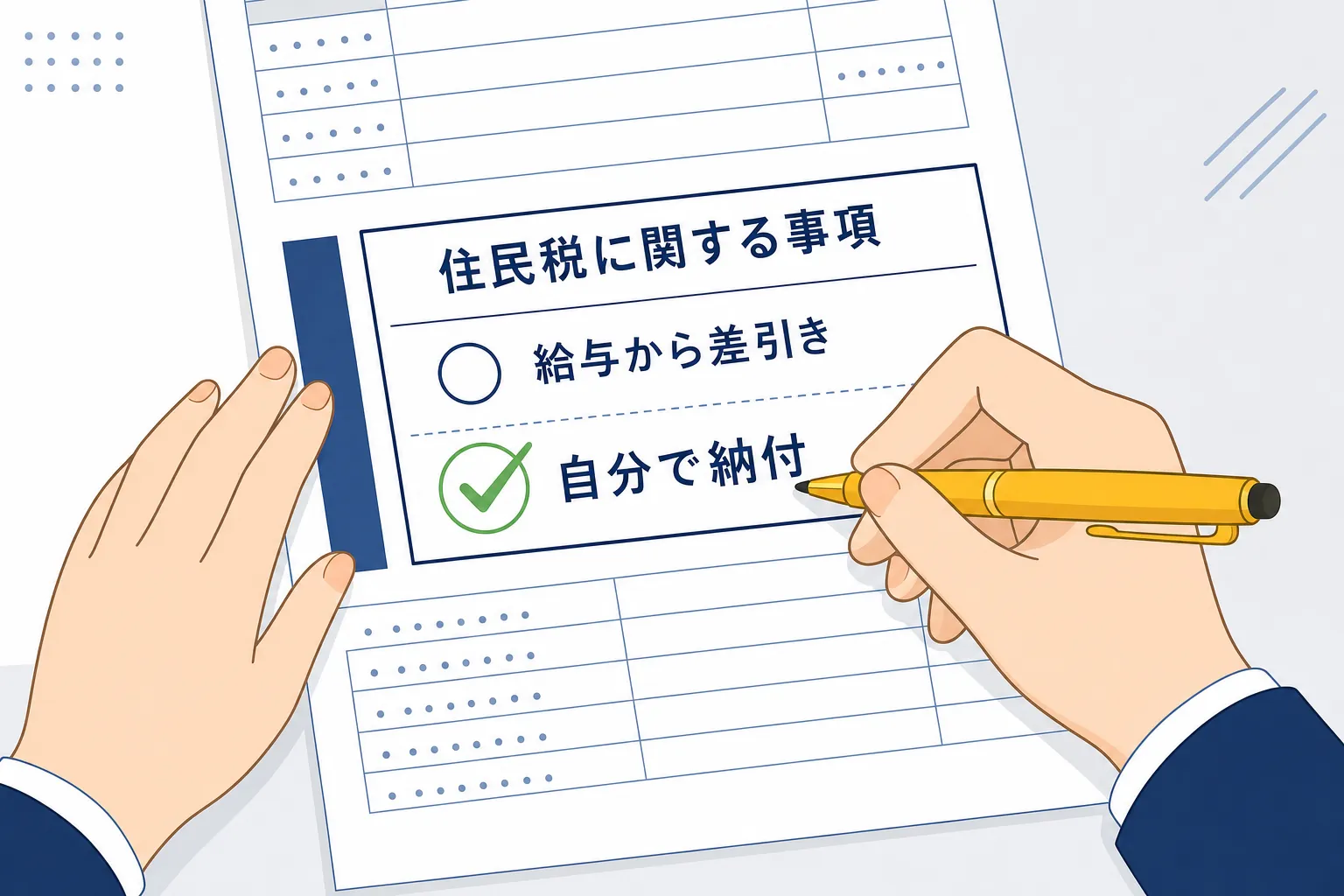 確定申告書第二表の「住民税に関する事項」欄を拡大し、「自分で納付」にチェックを入れる手元