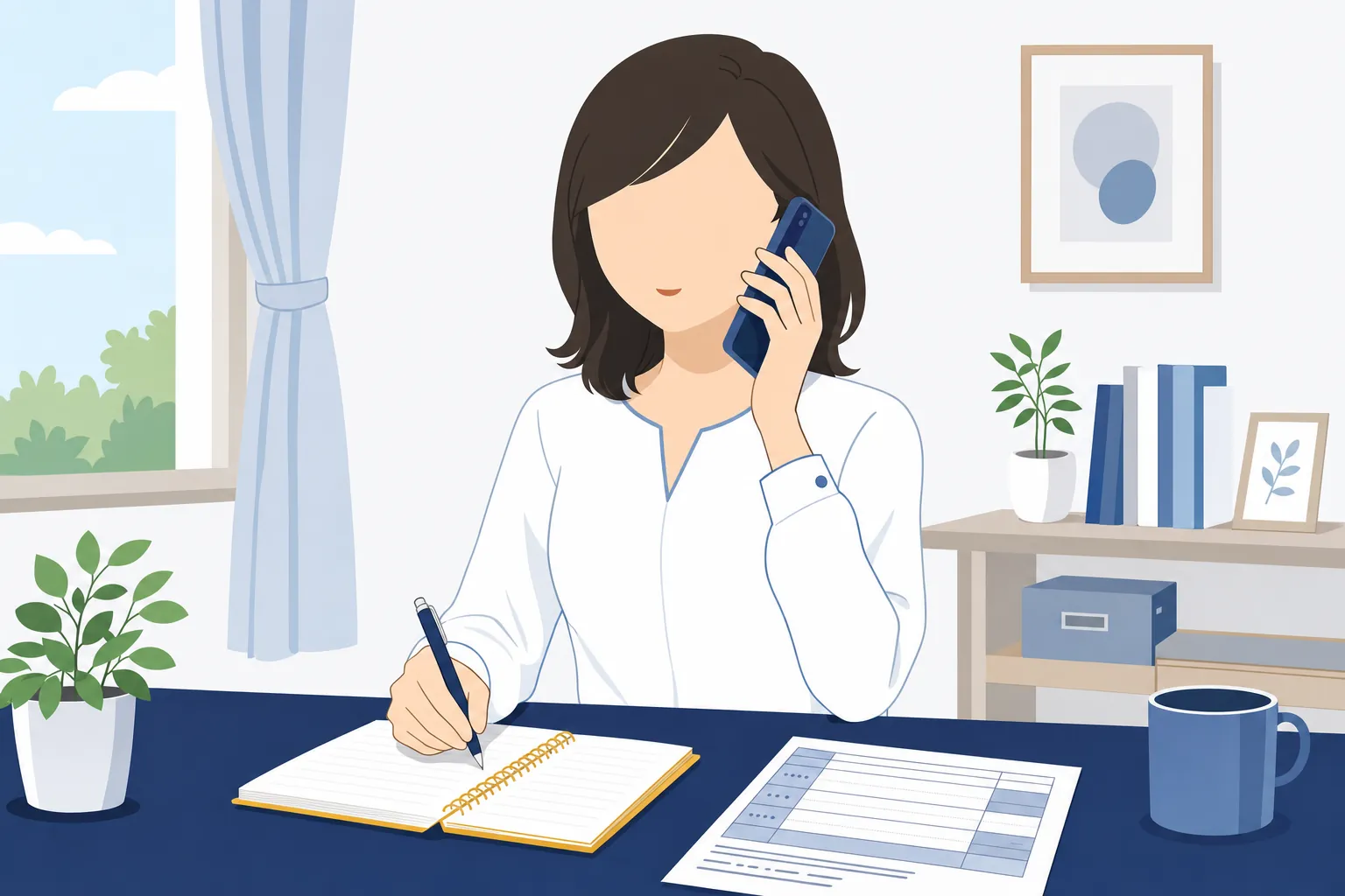 自宅で電話をかけ、役所の担当者に普通徴収の希望を伝える女性