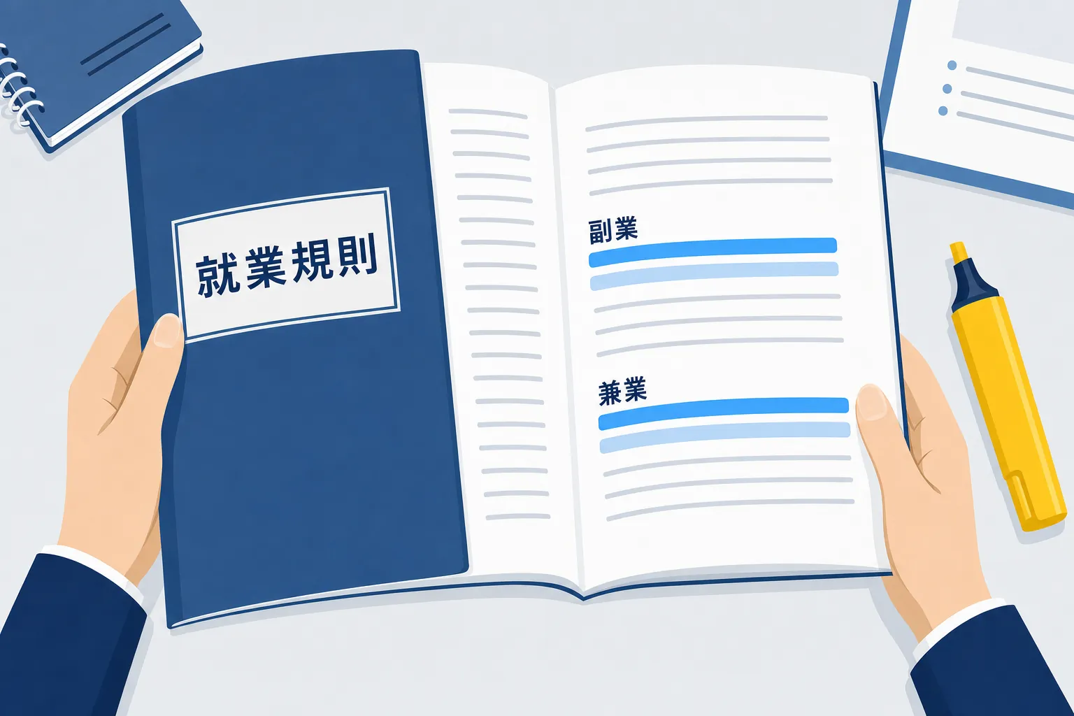 就業規則の冊子を開き、「副業」「兼業」の条文にマーカーを引いている手元