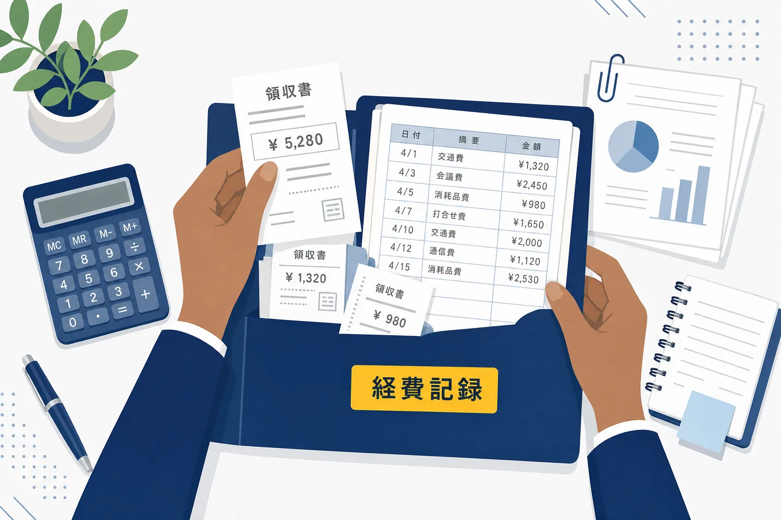 領収書や帳簿をファイルに整理している手元
