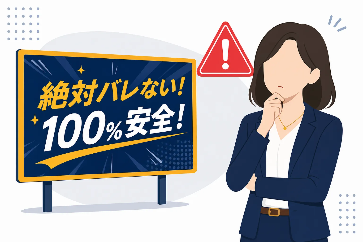 「絶対バレない」「100%安全」と書かれた広告の前で立ち止まって考える女性