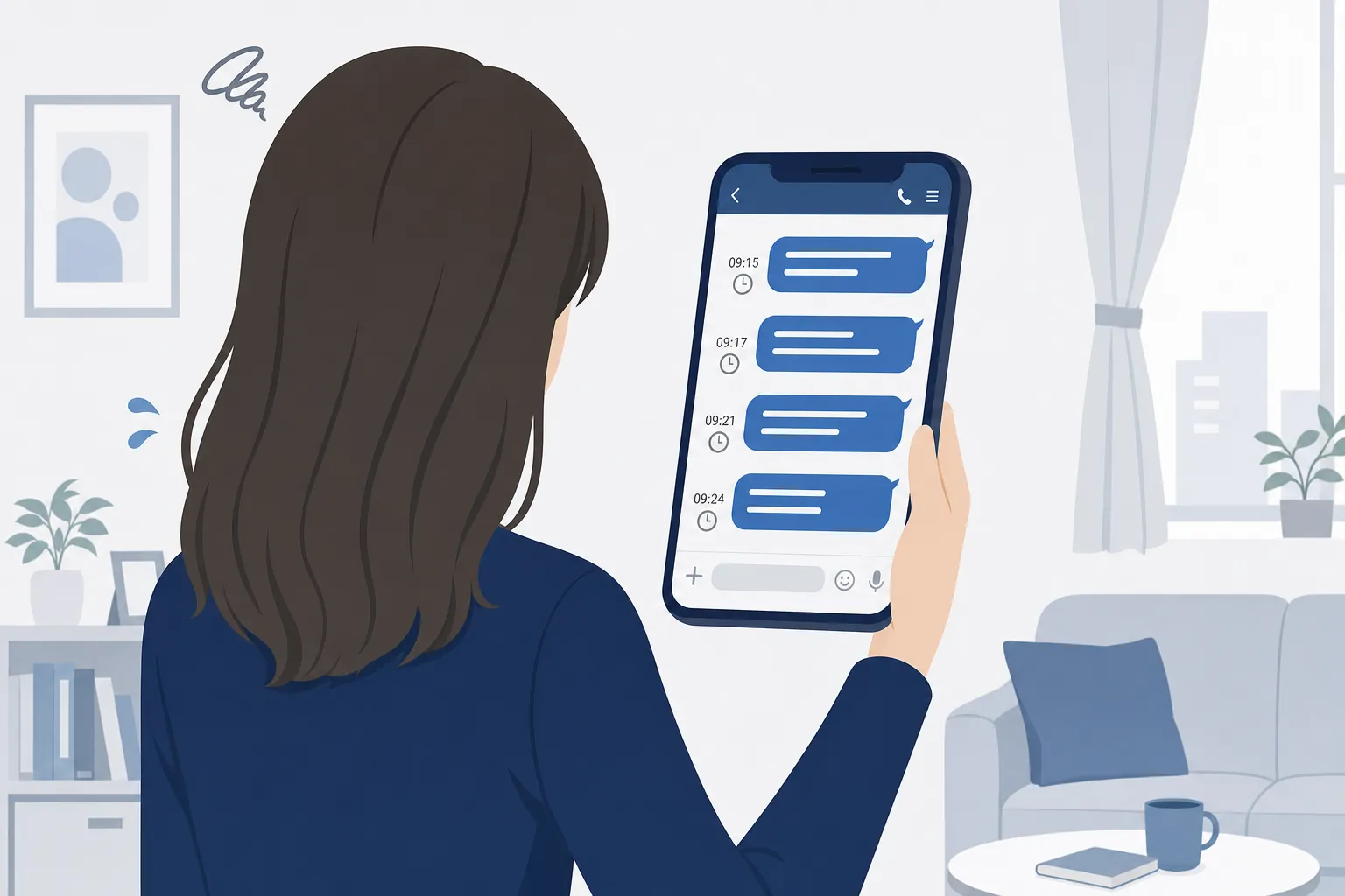 返信が来ないスマホのメッセージ画面を見つめる女性の後ろ姿