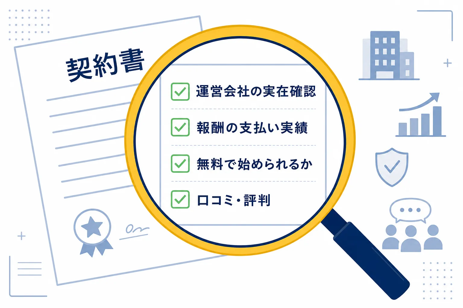契約前に確かめたい項目を虫眼鏡でチェックしているイラスト