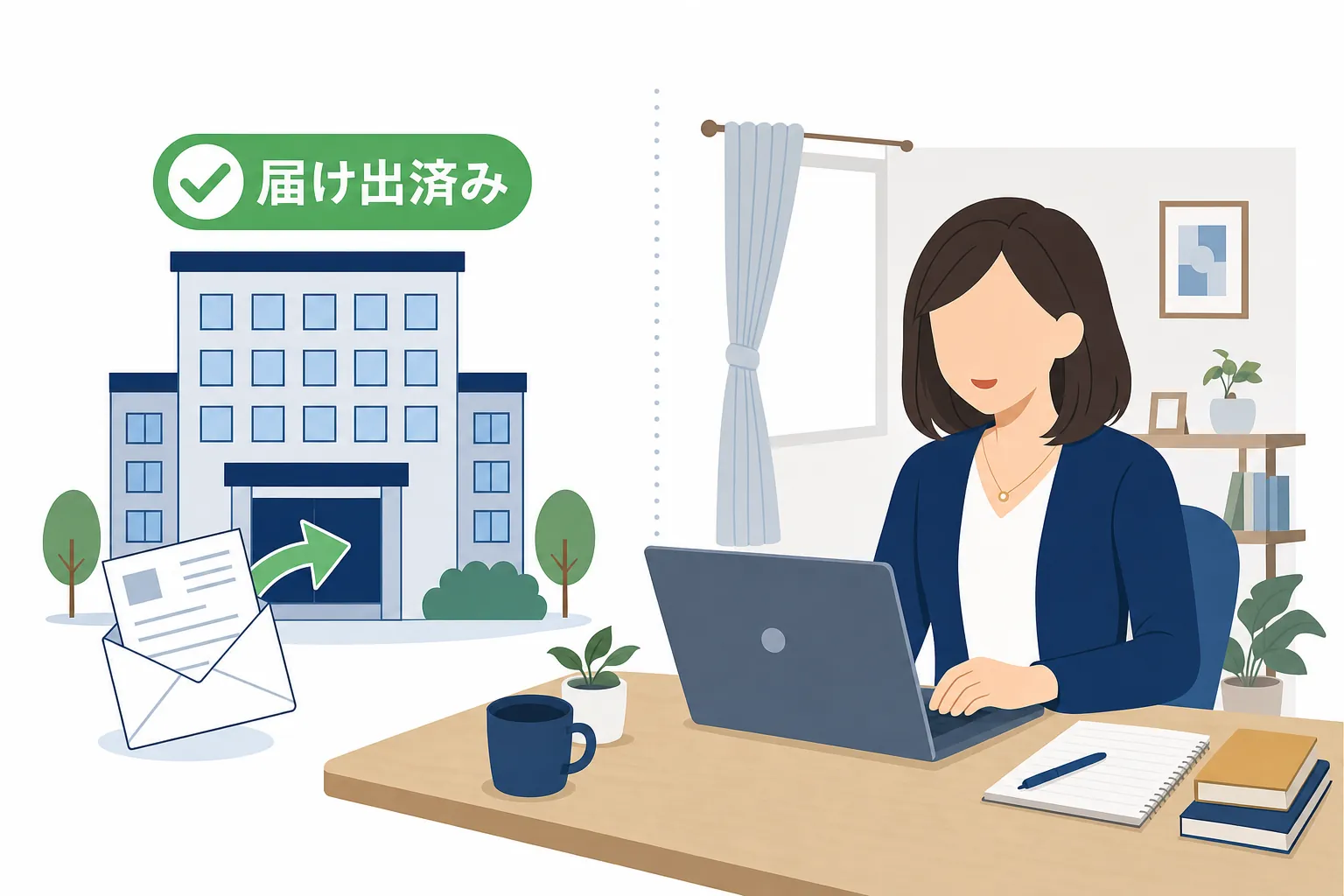 会社に届け出を出し、安心した表情で自宅で作業する女性